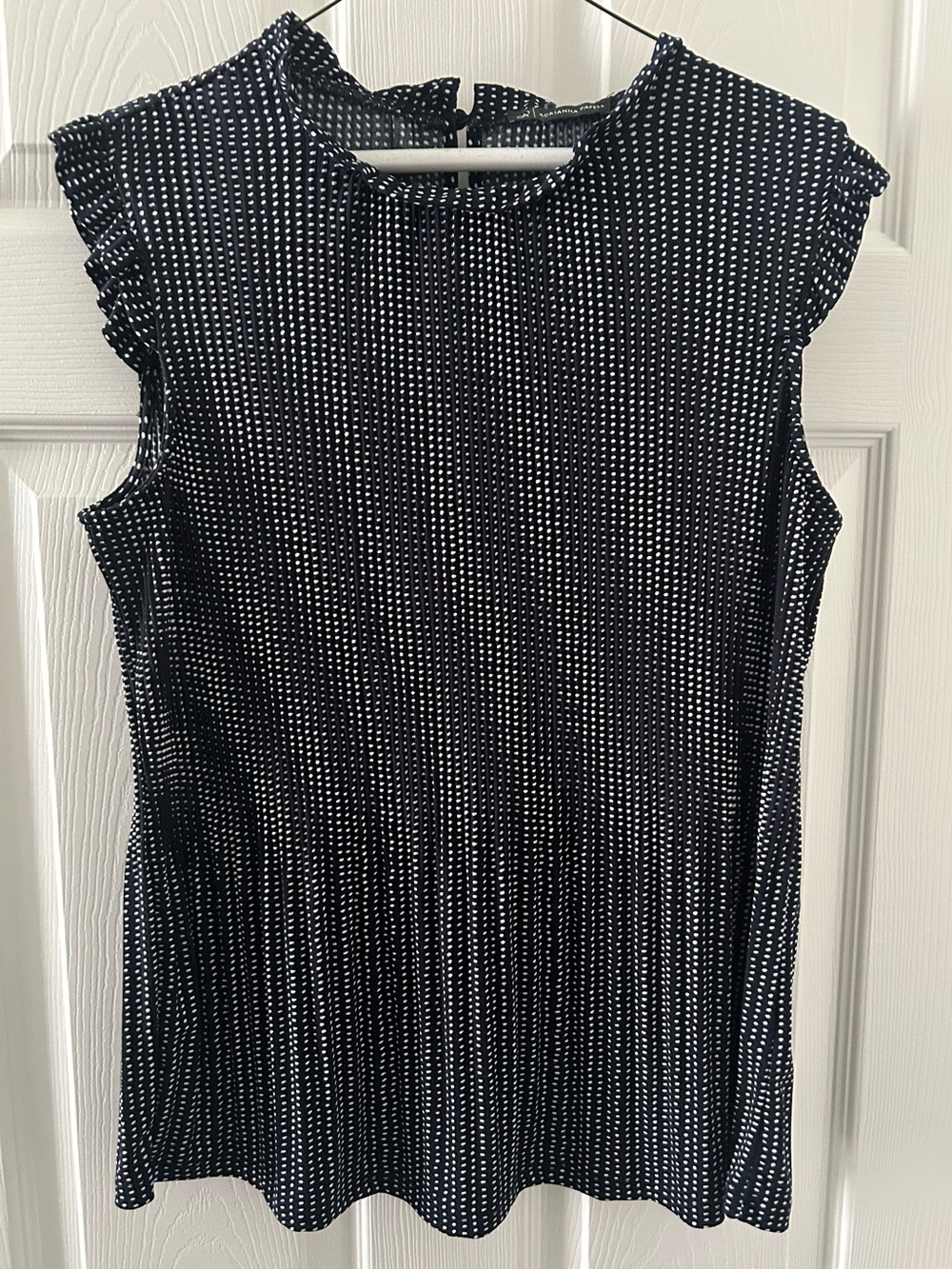 Adrianna Papell Navy Blue with White Dot Stripe Pattern Sleeveless Top